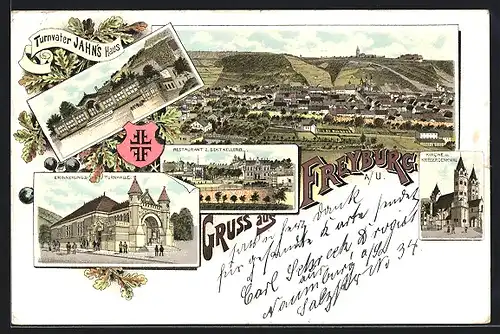 Lithographie Freyburg /Unstrut, Turnvater Jahn-Haus, Turnhalle, Restaurant der Sekt-Kellerei