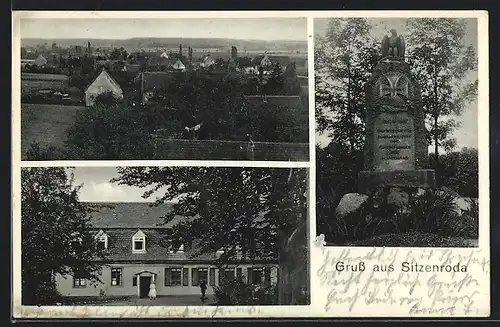 AK Sitzenroda, Ortsansicht, Kriegerdenkmal und Gasthof