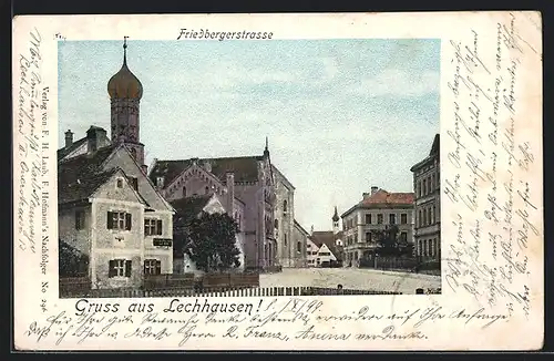 AK Lechhausen, Partie an der Friedbergerstrasse mit leuchtenden Fenstern