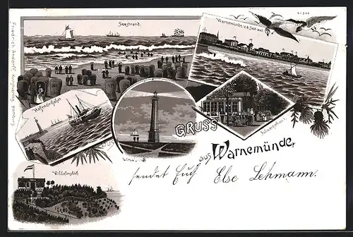 Lithographie Warnemünde, Schweizerhaus, Wilhelmshöh, Seestrand, Leuchtturm