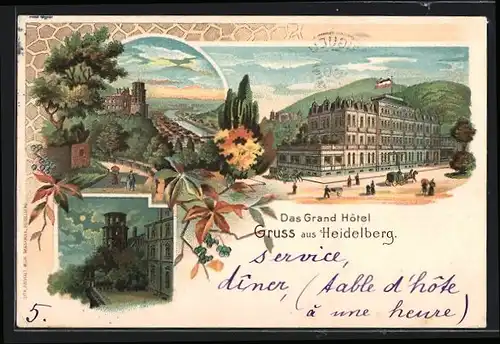 Lithographie Heidelberg, Grand Hotel, Ortsansicht mit Burg