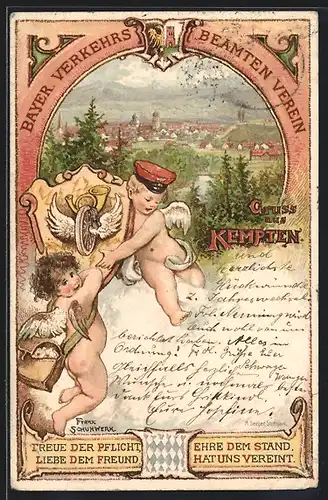 Lithographie Kempten, Bayer. Verkehrs-Beamten-Verein, Engelchen mit Eisenbahn-Wappen, Ortsansicht