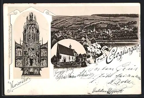 Lithographie Creglingen, Ortsansicht, Herrgotts-Kirche und Marienaltar