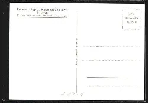 AK Erlangen, Freimaurerloge Libanon zu den 3 Cedern, Aussenansicht