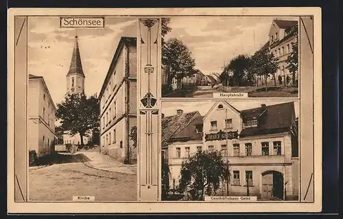 AK Schönsee, Geschäftshaus Geist, Kirche, Hauptstrasse