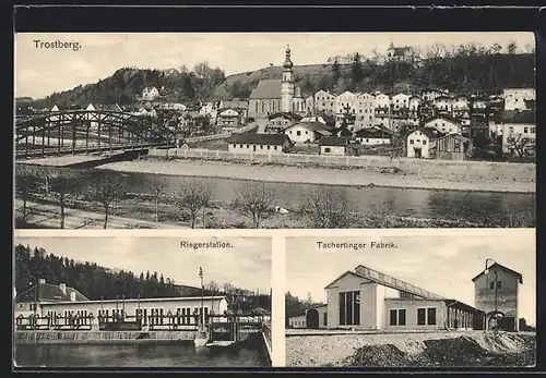 AK Trostberg, Riegerstation, Tachertinger Fabrik, Ortsansicht mit Brücke und Kirche