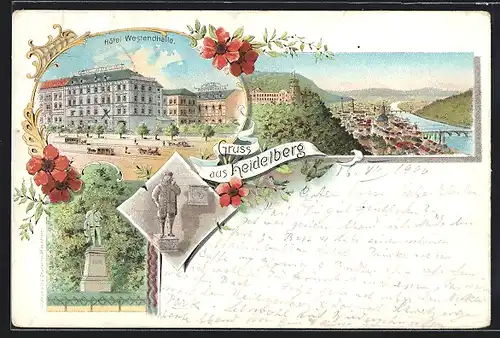Lithographie Heidelberg, Hotel Westendhalle, Ortsansicht