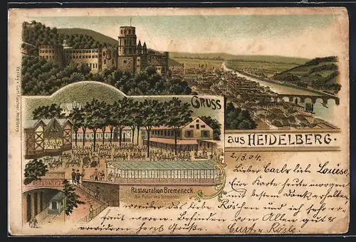 Lithographie Heidelberg, Gasthaus Restauration Bremeneck mit Garten und Bergbahn-Station, Ortsansicht aus der Vogelschau