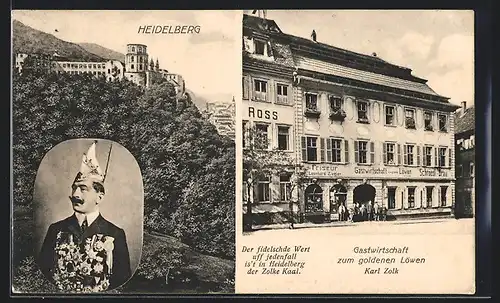 AK Heidelberg, Gastwirtschaft zum goldenen Löwen K. Zolk, Schloss, Portrait des Wirtes