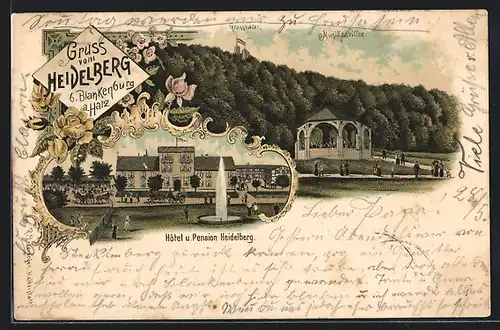 Lithographie Blankenburg a. Harz, Hotel u. Pension Heidelberg mit Fontäne und Pavillon