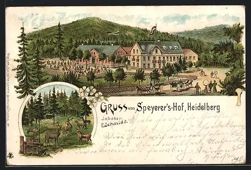 Lithographie Heidelberg, Hotel-Restaurant Speierershof E. Schmidt mit Garten und Strassse, Waldtiere