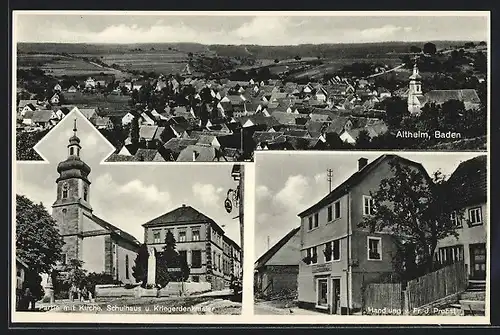 AK Altheim / Baden, Handlung von Fr. J. Probst, Ortspartie mit Schule und Kriegerdenkmal, Totalansicht