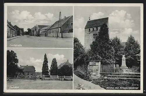 AK Hakenstedt, Kirche mit Kriegerdenkmal, Dorfstrasse, Domäne