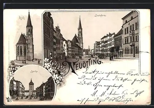 Lithographie Neuötting, Stadtplatz, Kirche, Blick zum Stadtthor