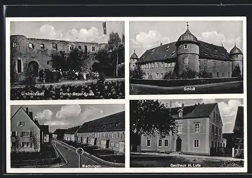 AK Giebelstadt, Gasthaus H. Lutz, Blick auf Schloss und Siedlungen, Florian-Geyer-Spiele