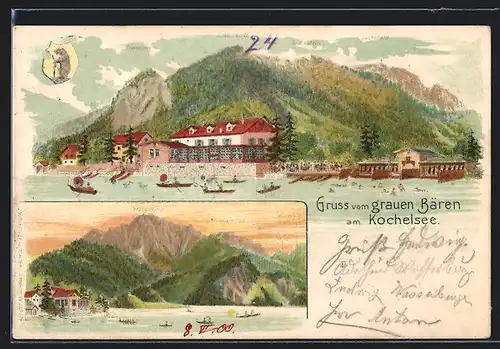 Lithographie Kochel am See, Hotel Grauer Bär mit Kienstein, Sonnenspitz, Gemsstein und Jocheralm