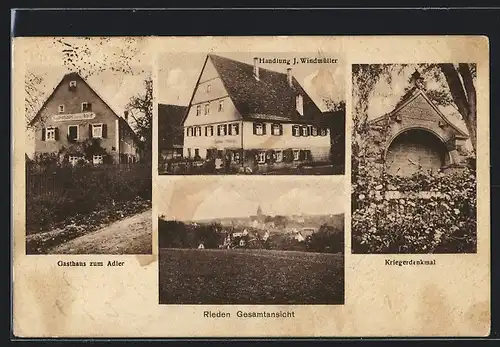 AK Rieden, Gasthaus zum Adler, Handlung J. Windmüller, Kriegerdenkmal, Ortsansicht