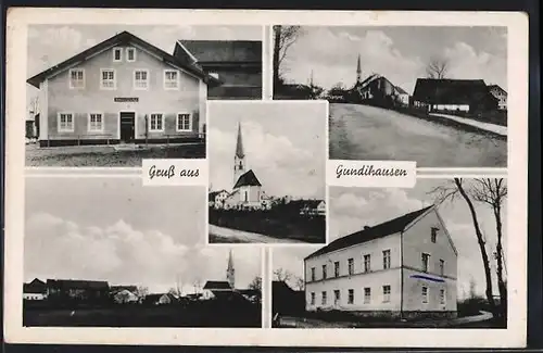 AK Gundihausen, Blick auf die Kirche, Strassenpartie im Ort