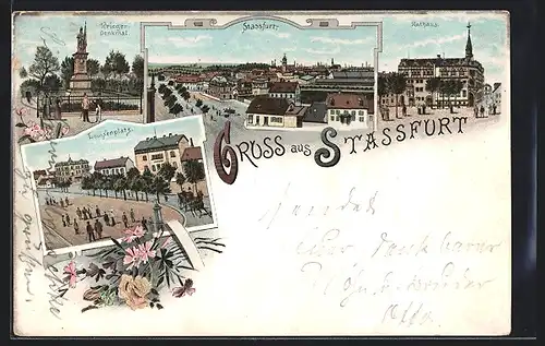 Lithographie Stassfurt, Louisenplatz, Krieger-Denkmal, Rathaus