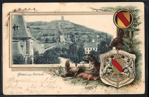 Passepartout-Lithographie Durlach, Blick aus einer Strasse zum Turmberg, Wappen