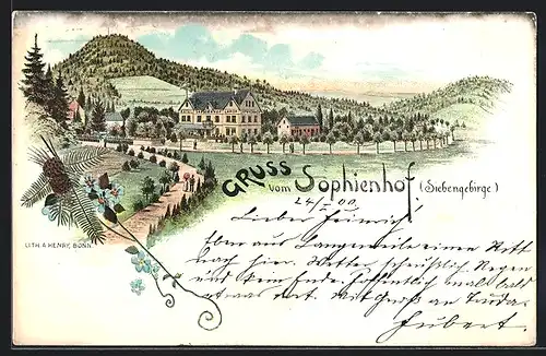 Lithographie Königswinter, Gasthaus Sophienhof im Siebengebirge