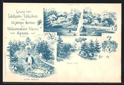 AK Apolda, Jubiläums-Volksfest des Verschönerungs-Vereins 1901, Teiche, Schroen Denkstein