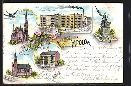 Lithographie Apolda, Wollwaaren-Fabrik Zimmermann & Sohn, Handelsschule, Kriegerdenkmal, Kirchen