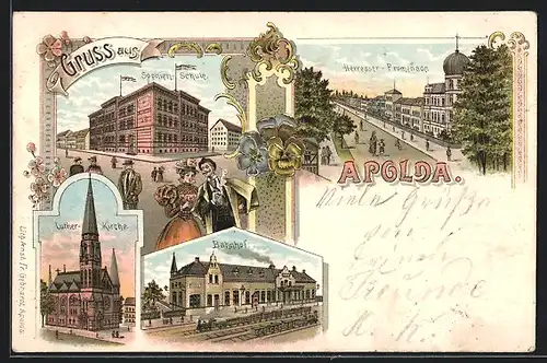 Lithographie Apolda, Bahnhof, Herresser-Promenade, Sophien-Schule, Luther-Kirche