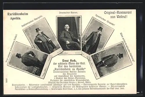 AK Apolda, Gasthaus Raritätenheim E. Koch, Portraits des Wirts in Verkleidungen