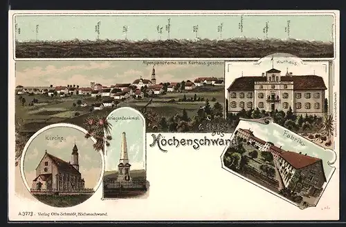 Lithographie Höchenschwand, Kirche, Kriegerdenkmal, Kurhaus, Fabrik