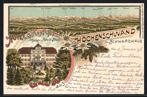 Lithographie Höchenschwand / Schwarzwald, Alpenpanorama vom Kurhaus aus, Hotel & Kurhaus
