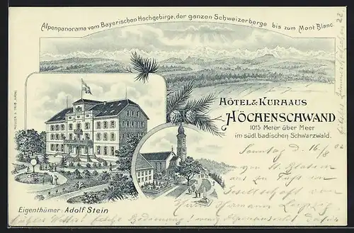 Lithographie Höchenschwand /Bad. Schwarzwald, Hotel & Kurhaus Höchenschwend, Alpenpanorama vom Bayerischen Hochgebirge