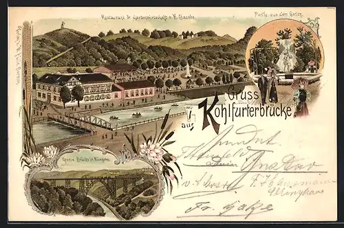 Lithographie Kohlfurterbrücke, Restaurant & Gartenwirtschaft v. H. Jacobs, Gartenpartie, Grosse Brücke in Müngsten