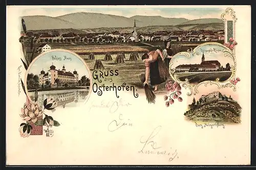 Lithographie Osterhofen, Schloss Moos, Damenstift-Kloster