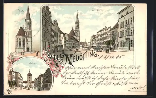 Vorläufer-Lithographie Neuötting, 1895, Stadtplatz, Kirche, Stadttor