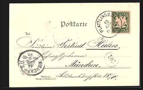 Lithographie Plattling, Totaleansicht und Partie im Ort