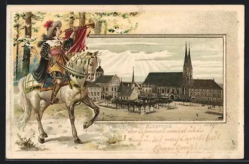 Passepartout-Lithographie Altötting, Zentraler Platz mit Kirchen, Trompeter zu Pferd
