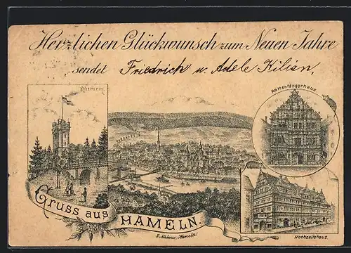 Lithographie Hameln, Rattenfängerhaus, Hochzeitshaus, Klütturm