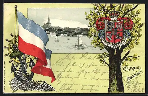 Passepartout-Lithographie Neustadt i. Holst., Blick vom Meer auf die Stadt, Wappen