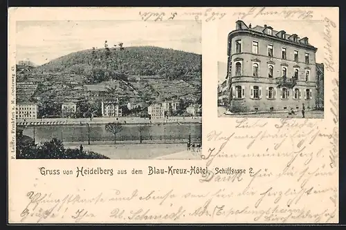 AK Heidelberg, Blau-Kreuz-Hotel, Schiffgasse 2, Uferpartie