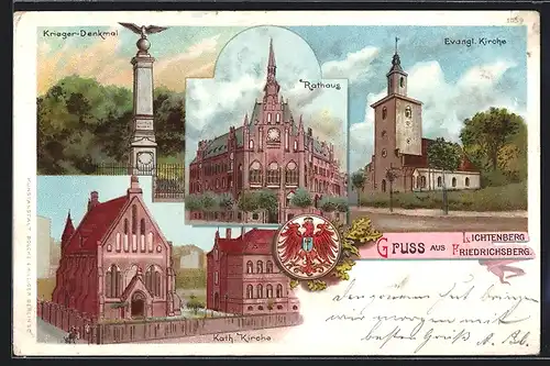 Lithographie Lichtenberg-Friedrichsberg, Katholische Kirche, Evangelische Kirche, Rathaus