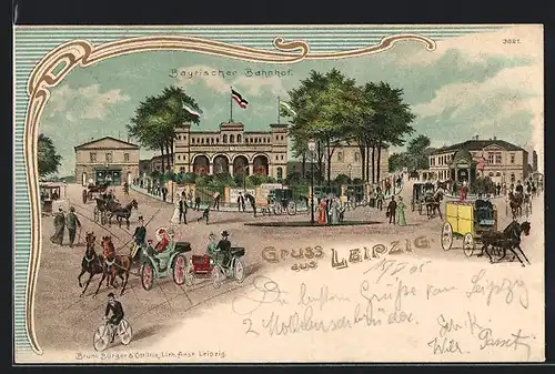 Lithographie Leipzig, Bayrischer Bhanhof mit Strassenbahn