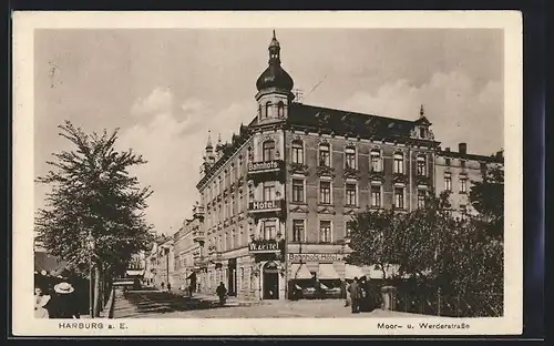 AK Harburg a. E., Strasseneck Moor- und Werderstrasse mit Bahnhofs-Hotel