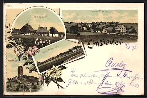 Lithographie Einsiedel, Hotel Bad-Einsiedel, Haselstein mit Aussichtsturm