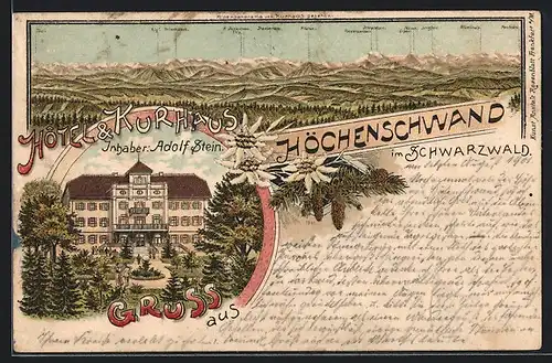 Lithographie Höchenschwand / Schwarzwald, Alpenpanorama vom Kurhaus aus, Hotel & Kurhaus
