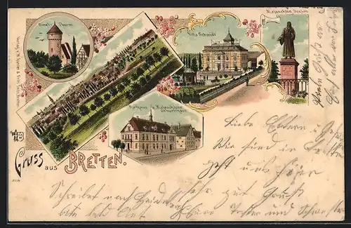 Lithographie Bretten, Villa Schmidt, Melanchton Denkmal, Simelturm, Rathaus & Melanchtons Geburtshaus, Ortsansicht