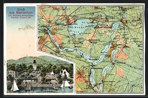 AK Berlin-Köpenick, Gasthaus Marienlust, Landkarte vom Müggelsee und Umgebung