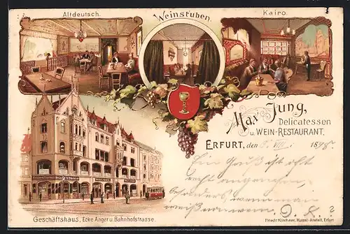 Lithographie Erfurt, Wein-Restaurant Max Jung, Geschäftshaus Ecke Anger- und Bahnhofstrasse