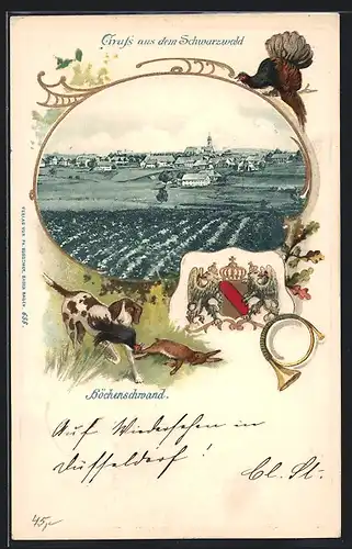 Passepartout-Lithographie Höchenschwand, Ortsansicht aus der Ferne, Jagdhund mit Wappen