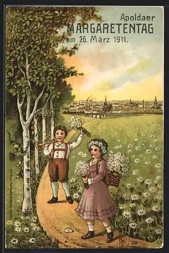 AK Apolda, Margaretentag 1911, Kinder pflücken Blumen am Wegesrand, Blumentag